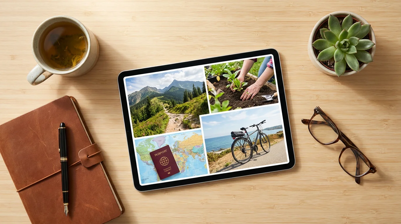 A flat lay of a digital retirement vision board on a tablet with coffee.