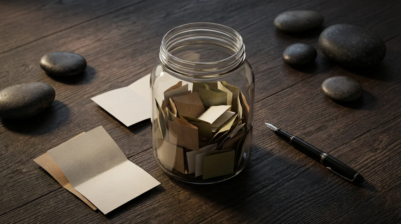 A flat lay of a gratitude jar with notes, a pen, and stones.