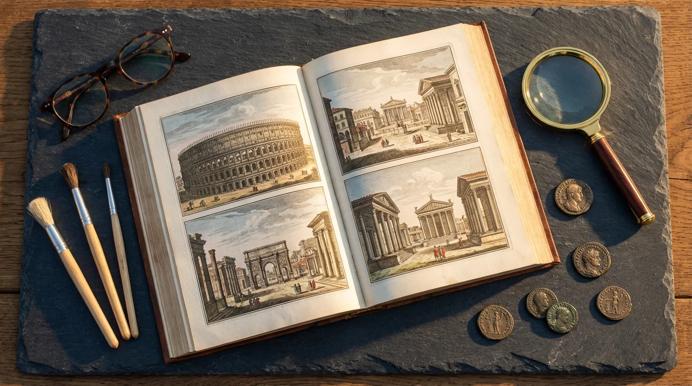 A flat lay of a history book, glasses, and archeological tools in warm light.