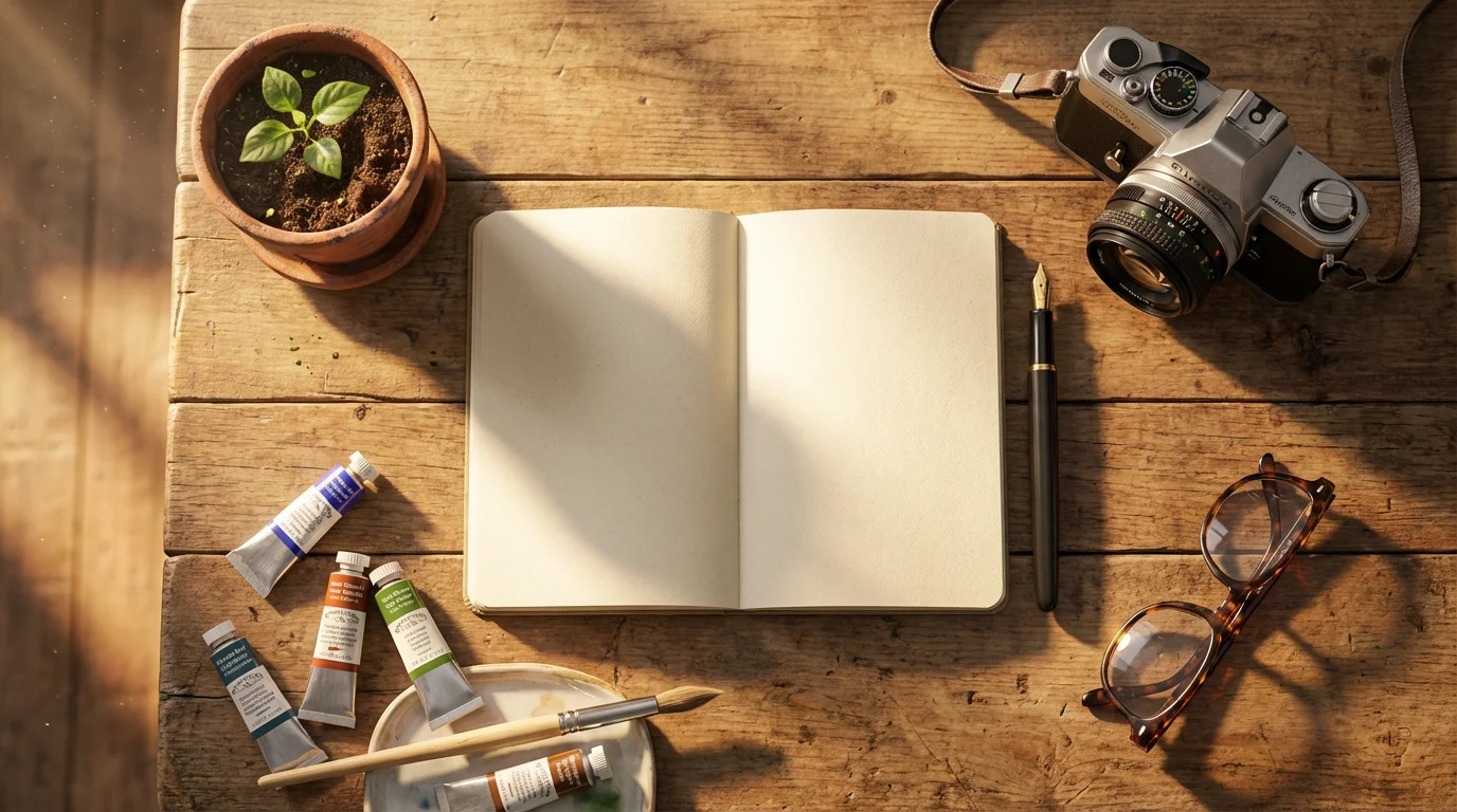 A flat lay of a journal, camera, and art supplies for discovering retirement hobbies.