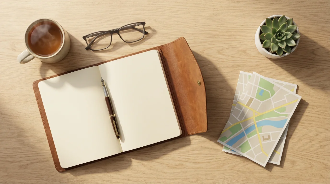 A flat lay of a journal, coffee, and a map symbolizing retirement planning.