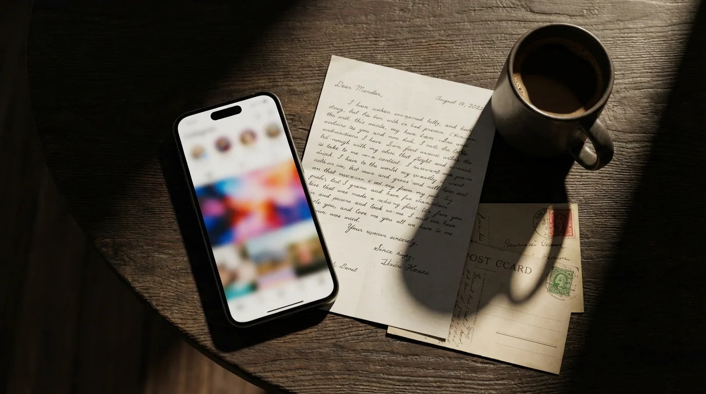 A flat lay of a smartphone, coffee mug, and handwritten letters on a wooden table.