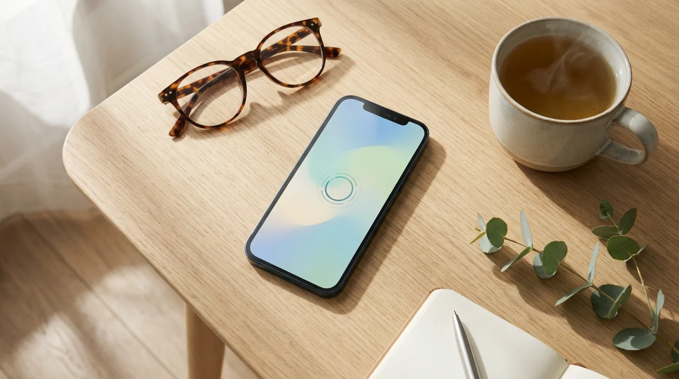 A flat lay of a smartphone showing a meditation app, with glasses and tea.