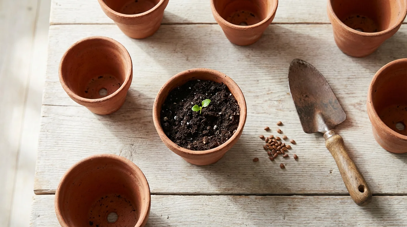 A flat lay of a sprouting seedling in a pot with seeds and a trowel.