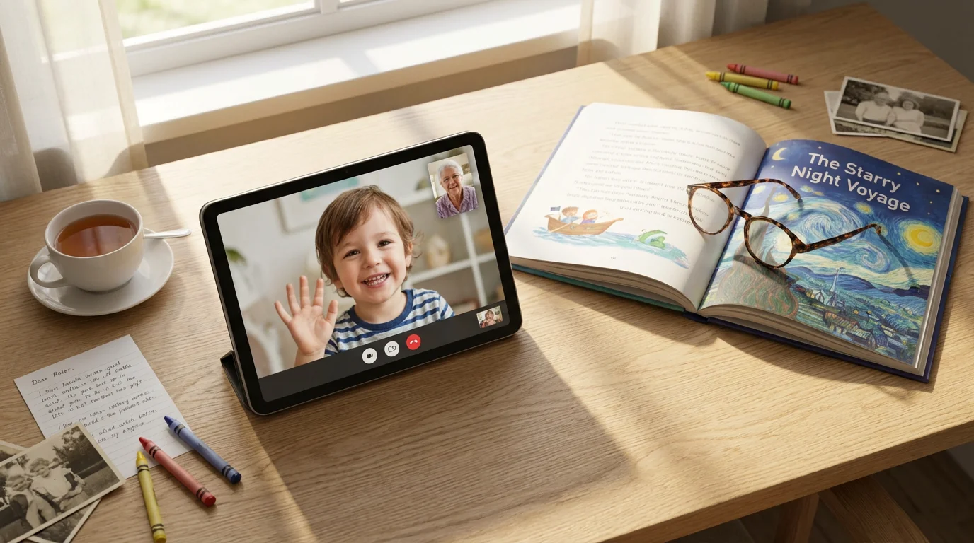 A flat lay of a tablet video call with a child beside an open storybook.