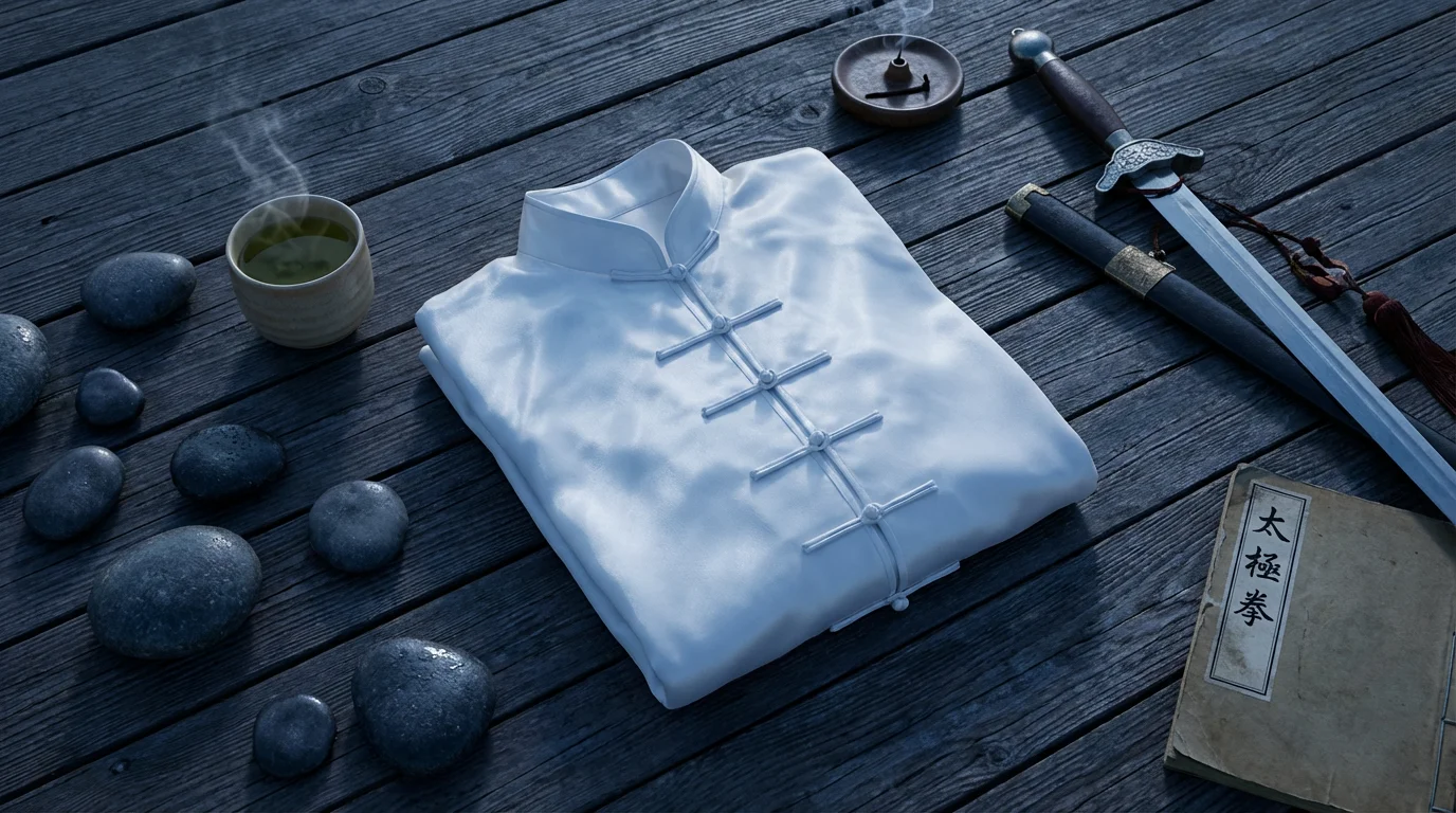 A flat lay of a Tai Chi jacket, river stones, and tea on a wooden surface at dusk.