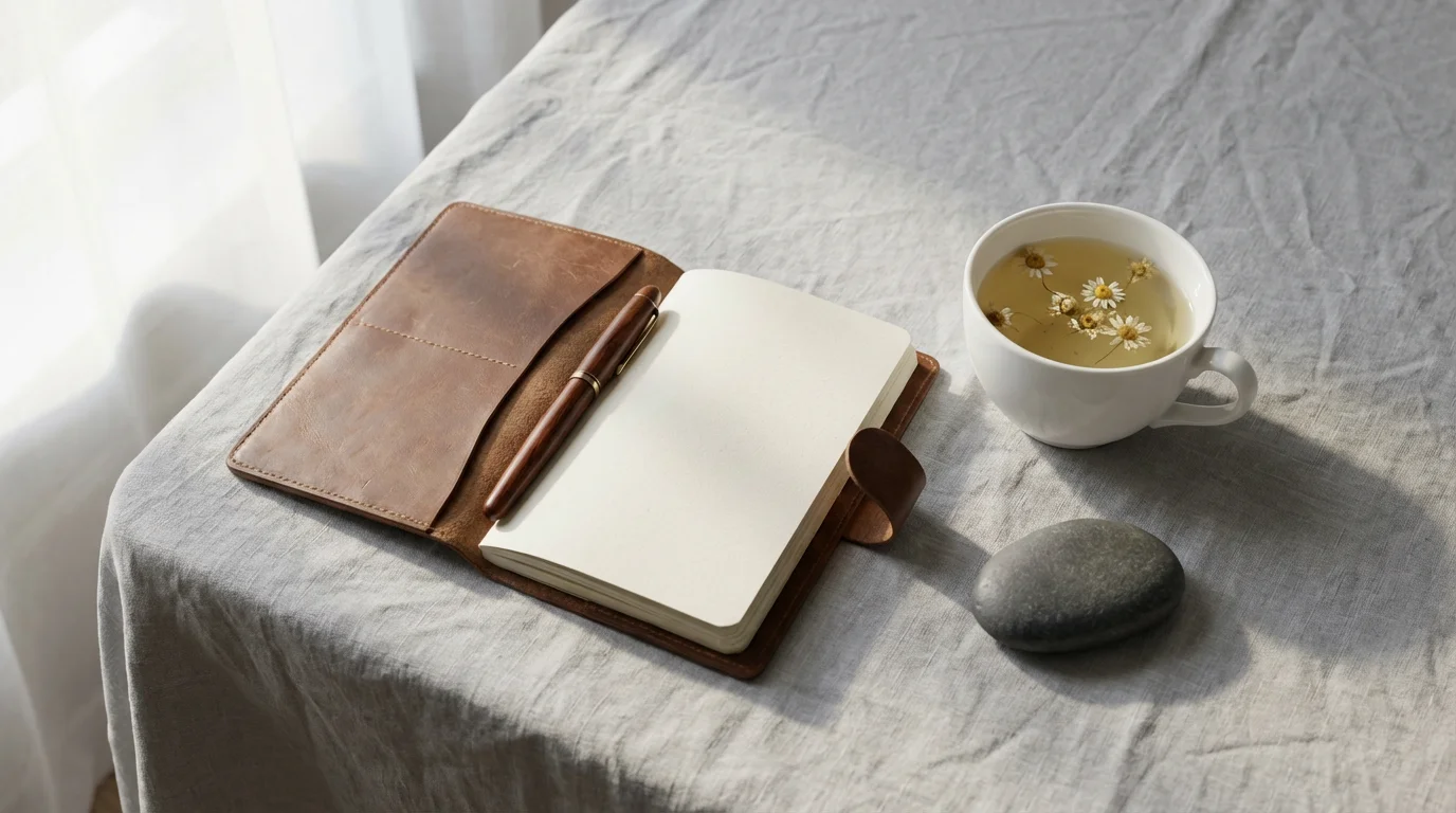 A flat lay of a teacup, an open notebook, and a worry stone.