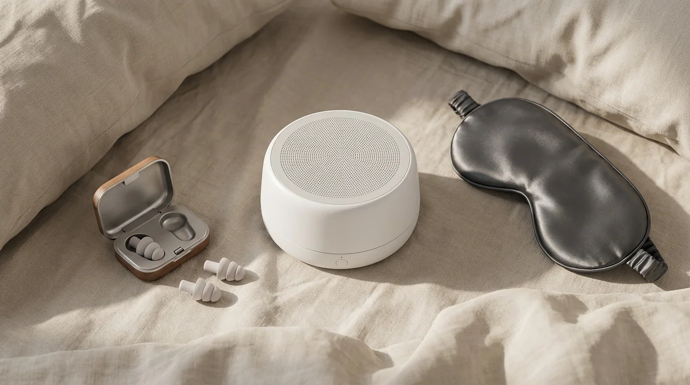A flat lay of a white noise machine, earplugs, and a sleep mask.