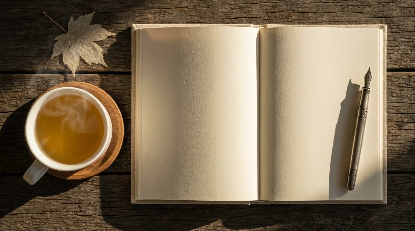 A flat lay of an open journal, fountain pen, and a cup of tea.