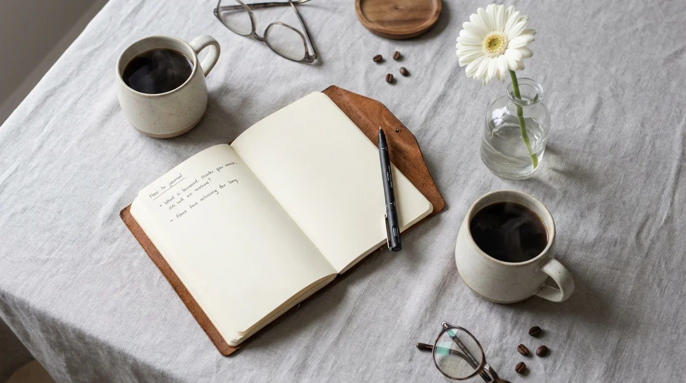 A flat lay of an open journal, pen, two coffee mugs, and a flower.