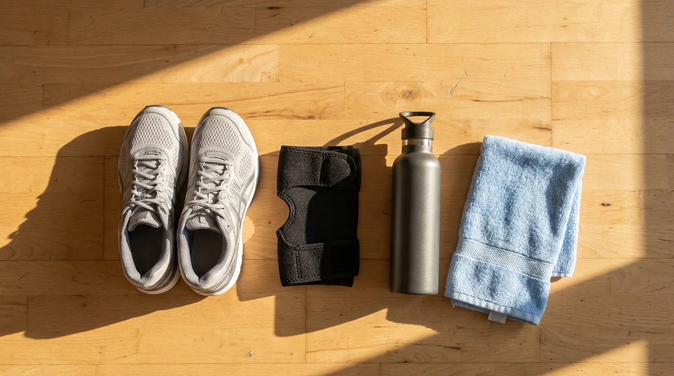 A flat lay of athletic sneakers, a knee brace, and a water bottle.