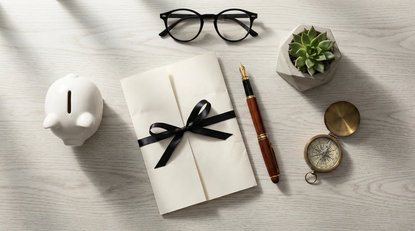 A flat lay of financial planning items: a document, piggy bank, and compass.