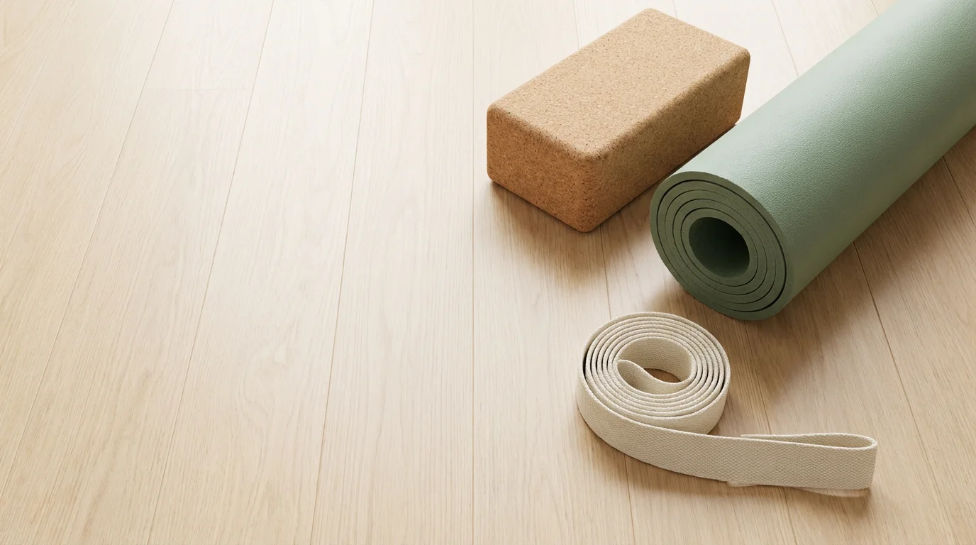 A flat lay of gentle yoga equipment including a mat, block, and strap.