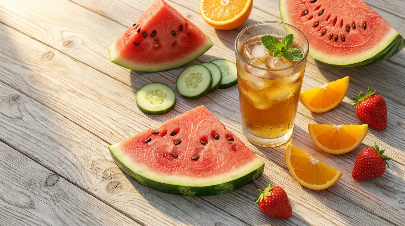 A flat lay of hydrating foods like watermelon, cucumber, strawberries, and herbal iced tea.