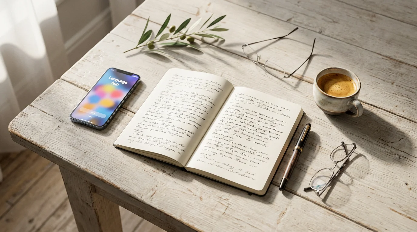 A flat lay of items for learning a language, including a notebook and smartphone.