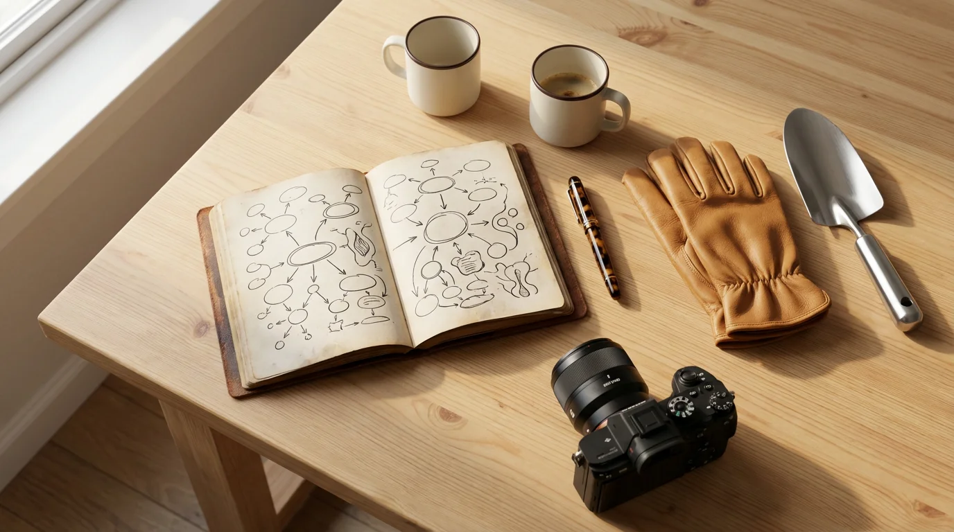 A flat lay of items representing retirement hobbies: a journal, camera, and gardening tools.