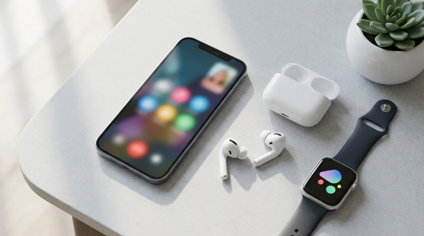 A flat lay of modern technology: a smartphone, smartwatch, and wireless earbuds on a table.