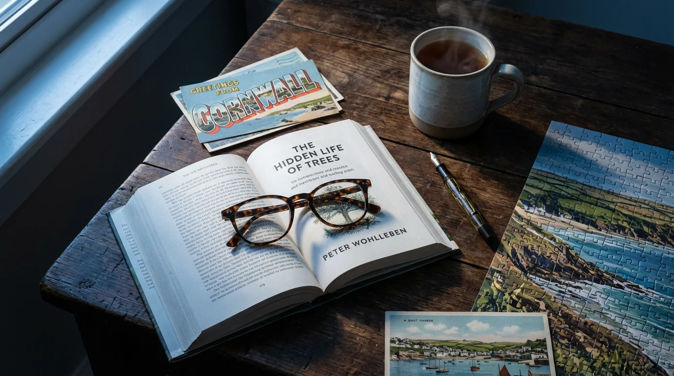 A flat lay of reading glasses, a book, a puzzle, and tea during twilight.