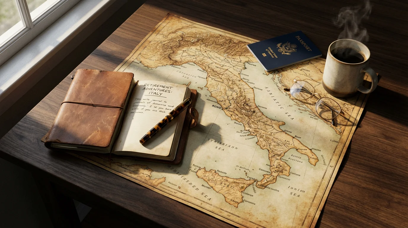 A flat lay of travel planning items including a map, journal, and passport.