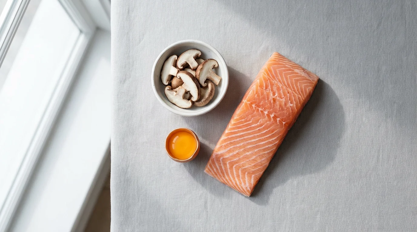 A flat lay of vitamin D sources: salmon fillet, mushrooms, and an egg yolk.
