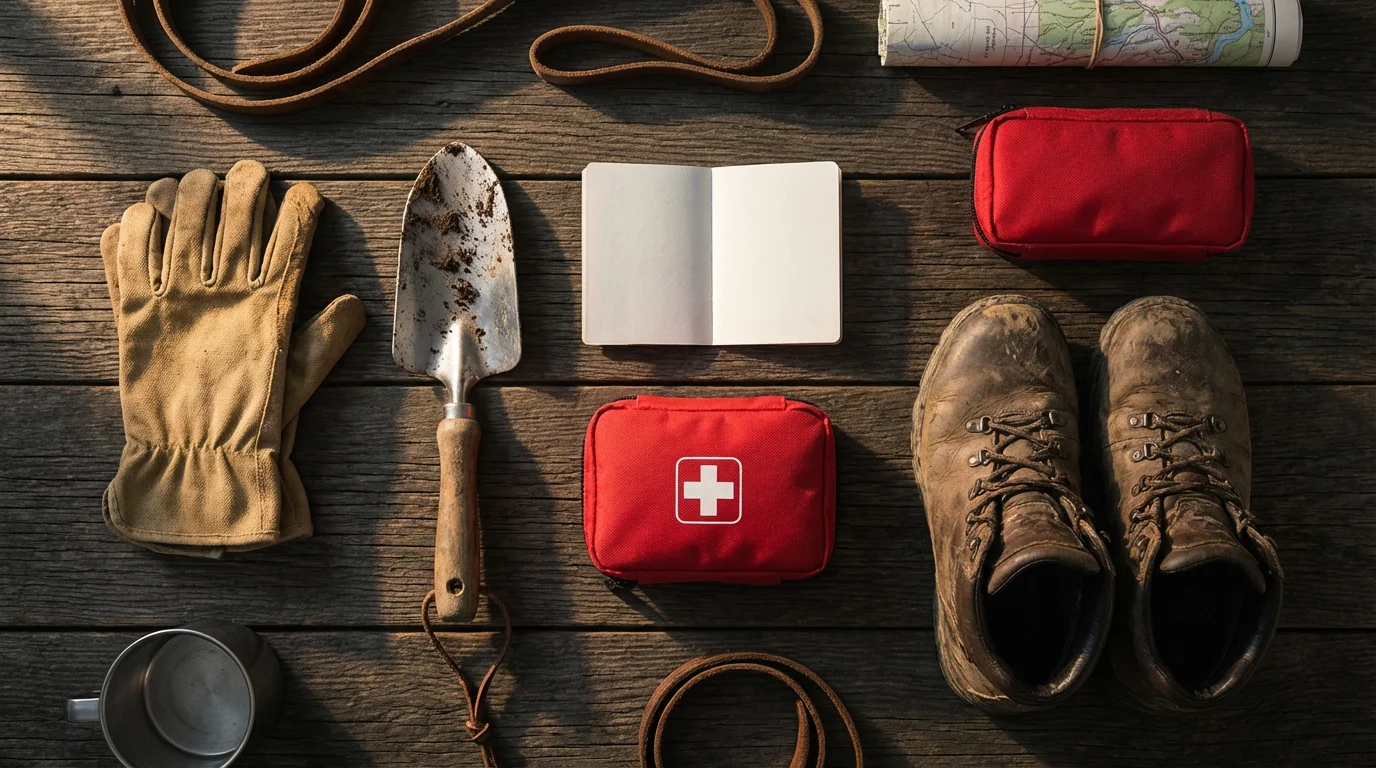 A flat lay of volunteer travel essentials like a passport, work gloves, and boots.