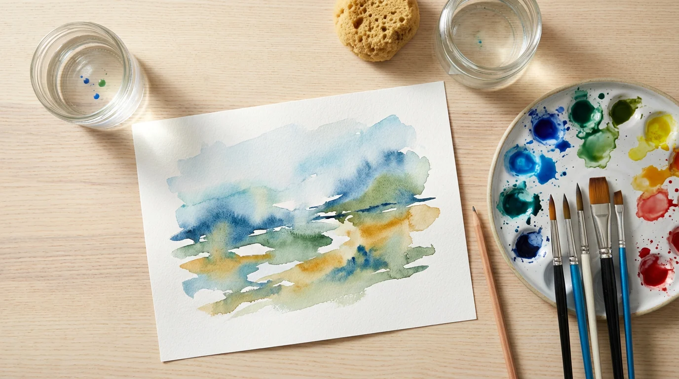A flat lay of watercolor painting supplies neatly arranged on a wooden table.