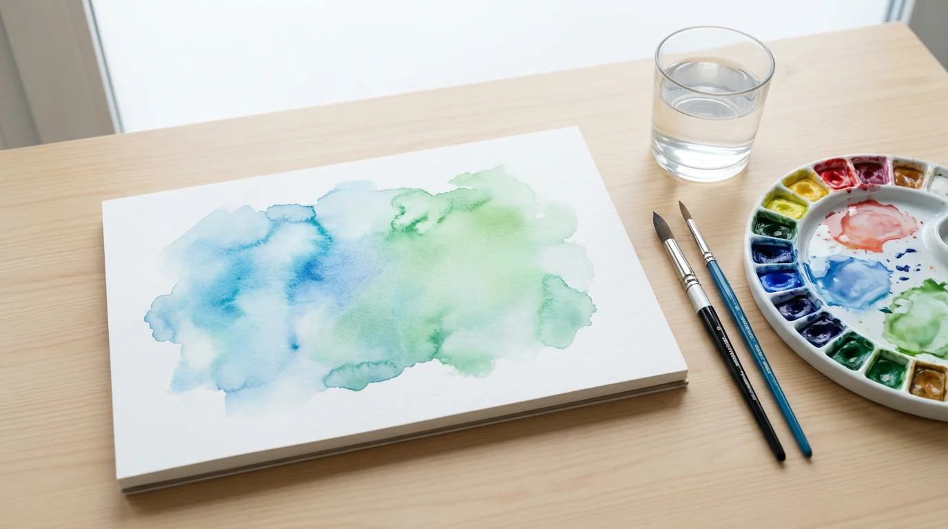 A flat lay of watercolor paints, brushes, and a new painting on a table.