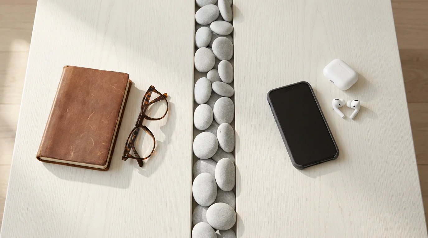 A flat lay photo showing a line of stones separating a journal and glasses from a smartphone.