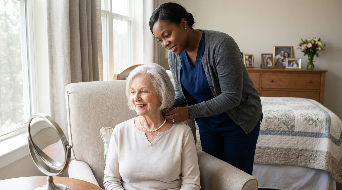 A friendly caregiver helping an elderly resident put on a necklace in a sunlit room.