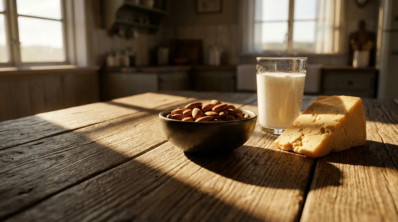 A glass of milk, cheese, and almonds on a wooden table for bone health.