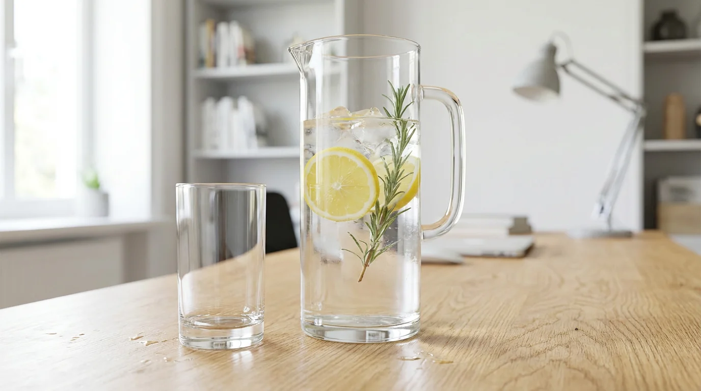 A glass pitcher of lemon and rosemary infused water on a modern desk.