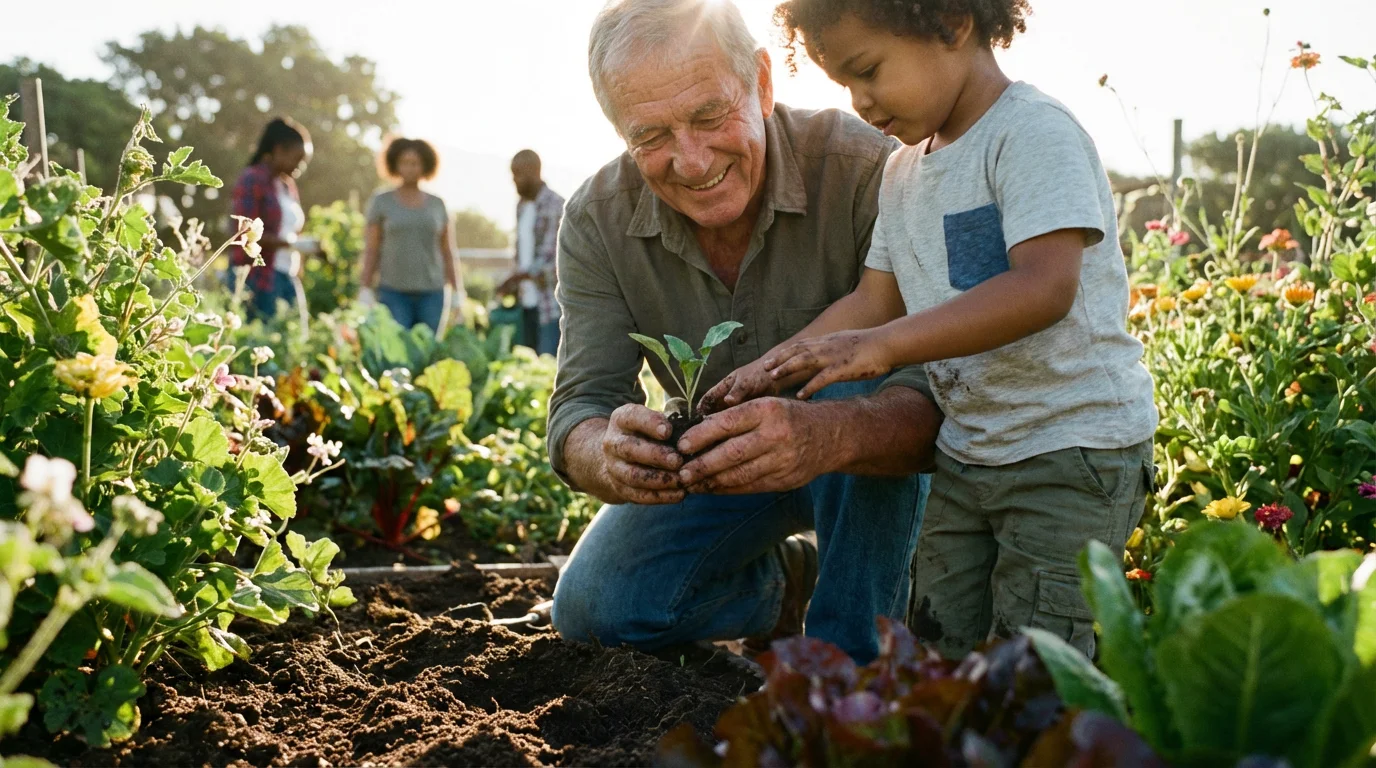 A grandfather and grandchild planting a seedling together in a sunny community garden.