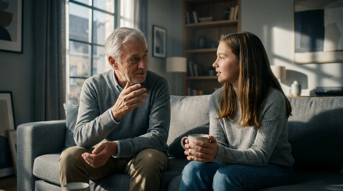 A grandfather and his granddaughter having a serious conversation on a sofa in sunlight.