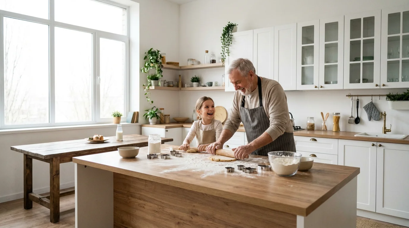 A grandfather and his young granddaughter bake cookies together in a sunlit modern kitchen.