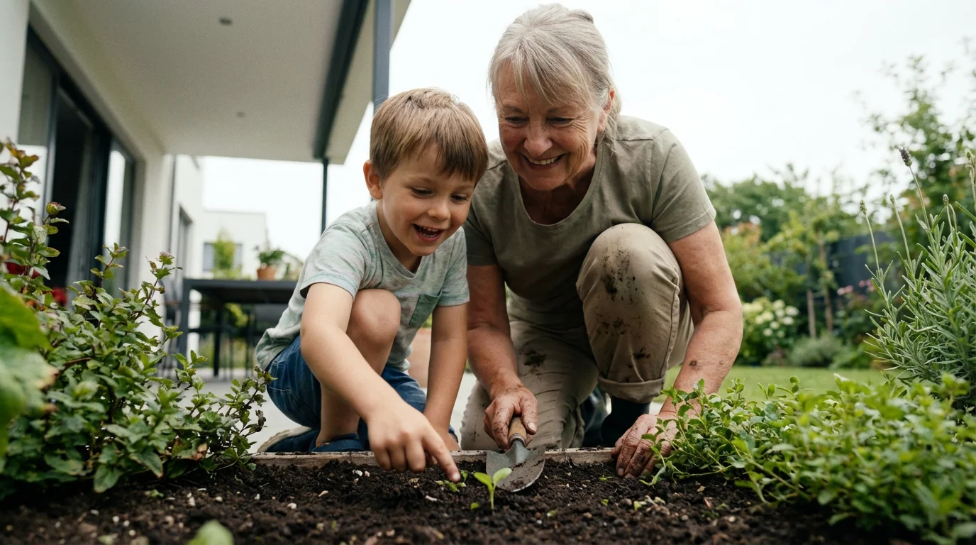 A grandmother and grandson happily gardening together, looking at a tiny new plant sprout.