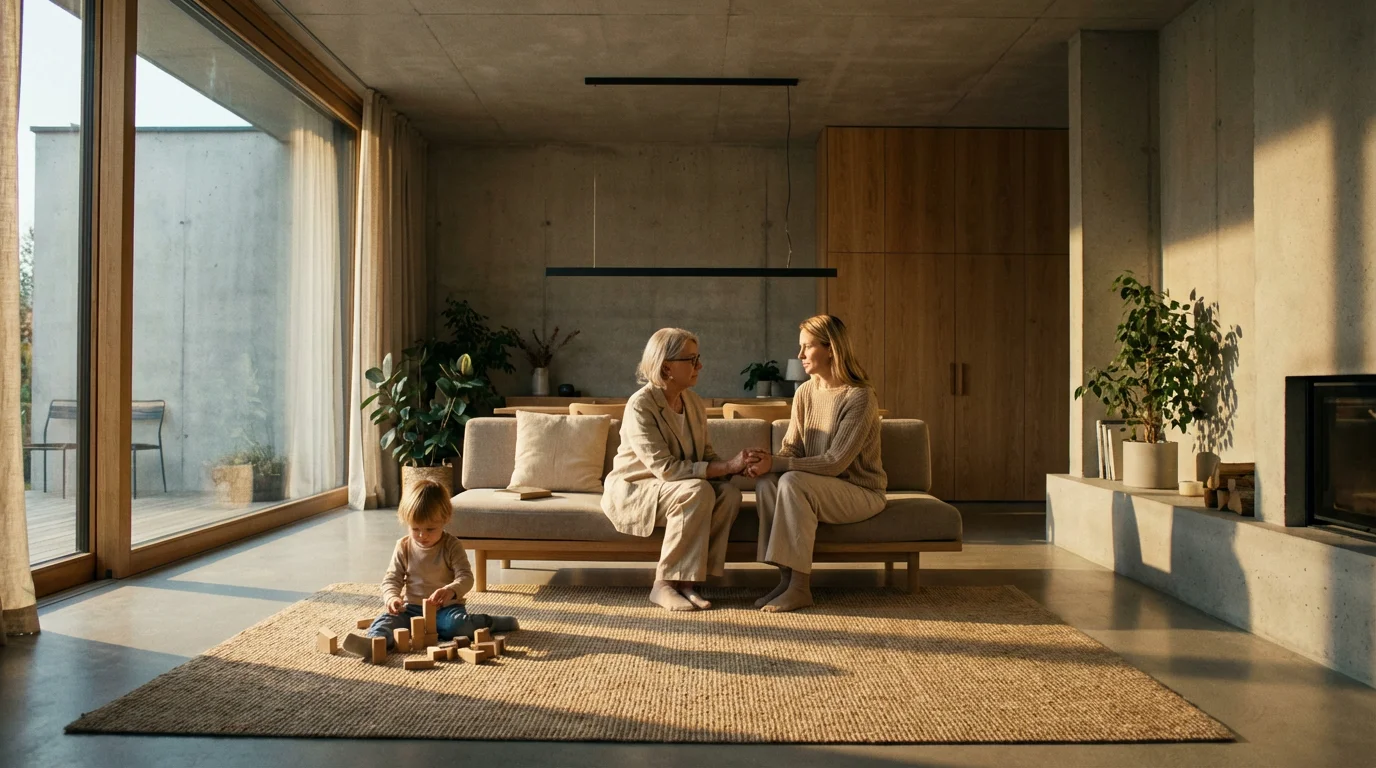 A grandmother and her adult daughter having a thoughtful conversation in a modern living room.