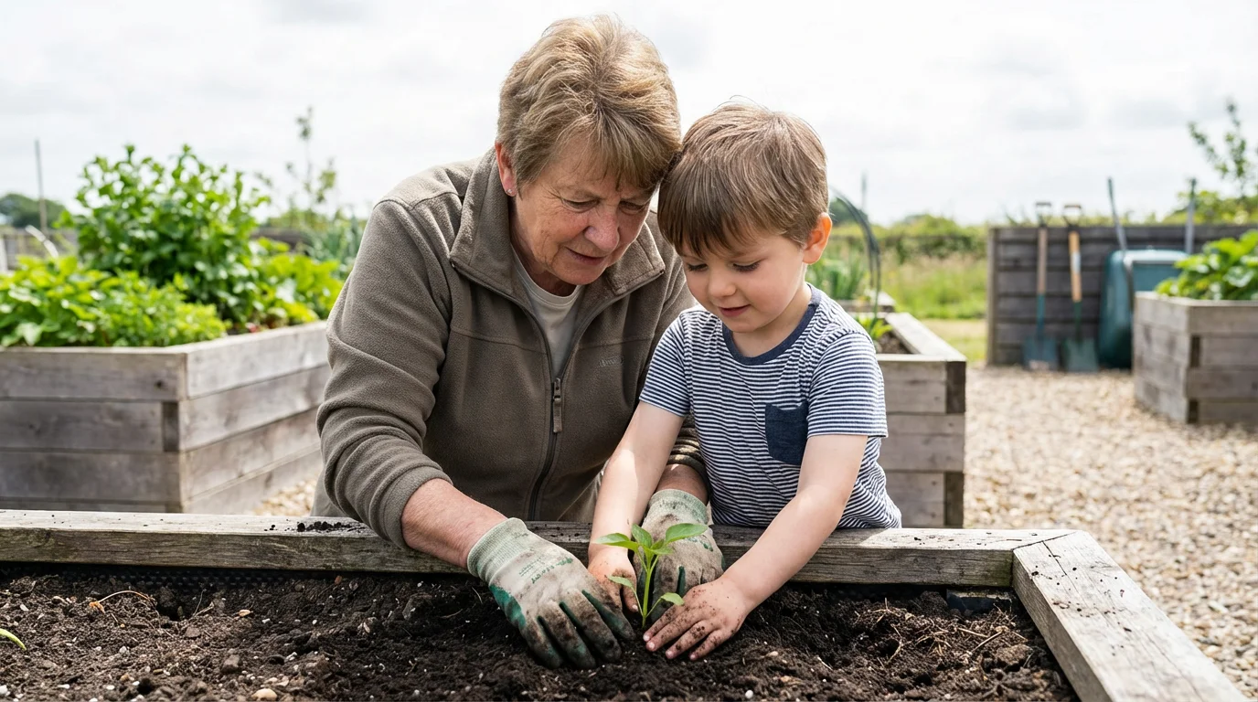A grandmother and her grandchild planting a small seedling together in a community garden.