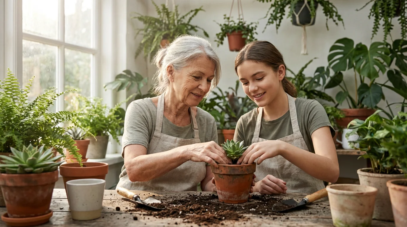 A grandmother and her teenage granddaughter potting a plant together in a sun-filled room.