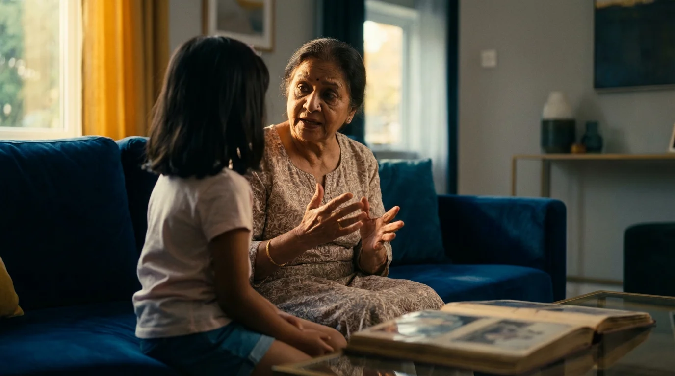 A grandmother telling a captivating story to her young granddaughter on a sofa.