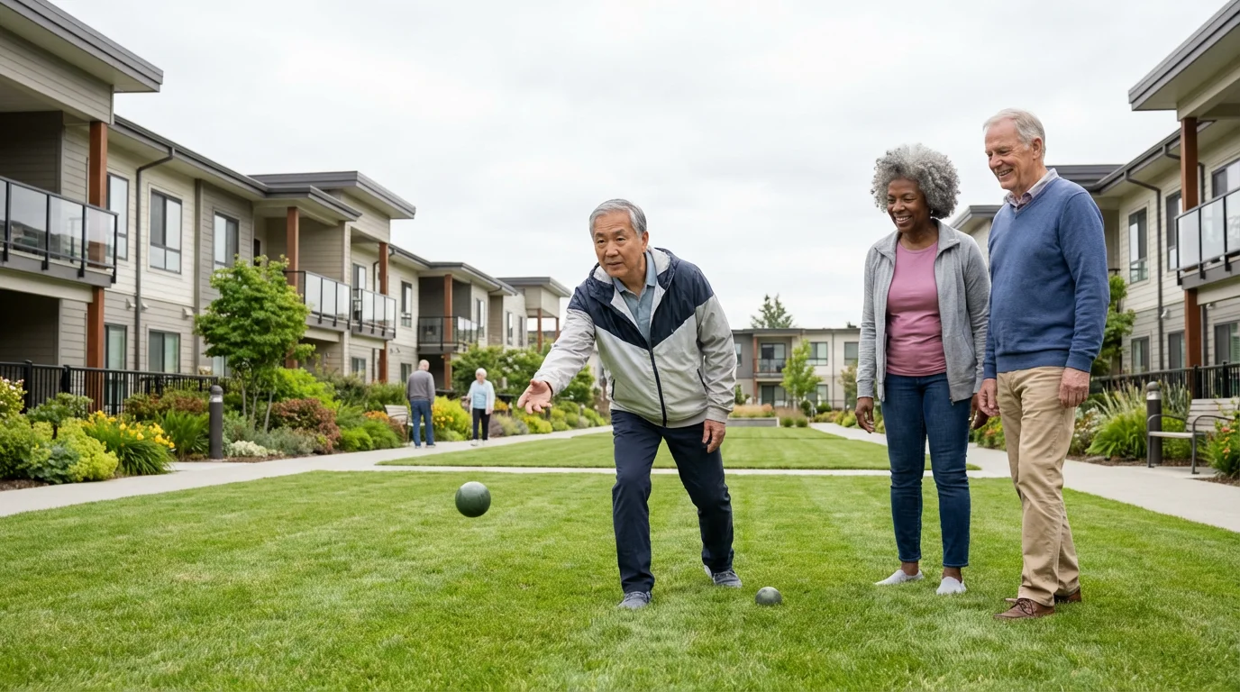 A group of diverse seniors playing bocce ball at an independent living community.