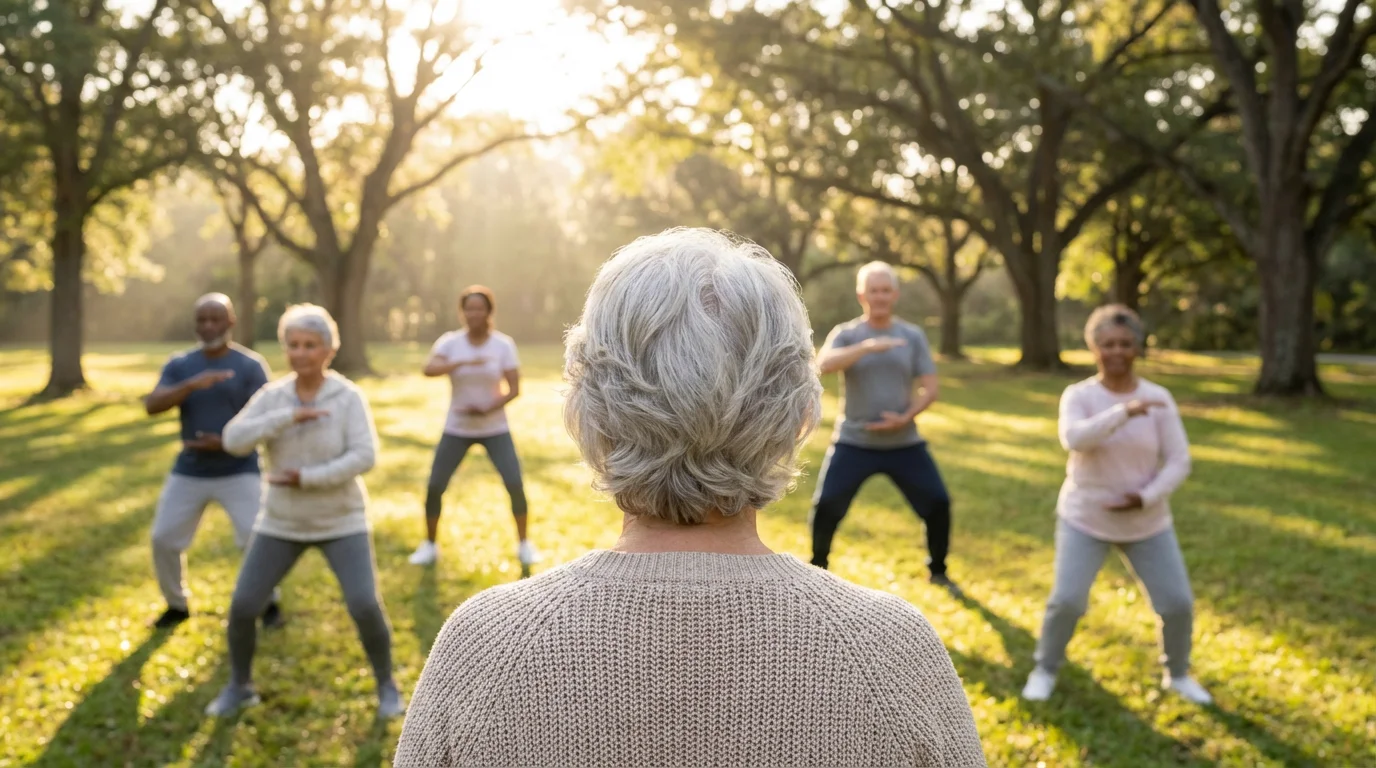 A group of diverse seniors practicing tai chi together in a sunlit park.