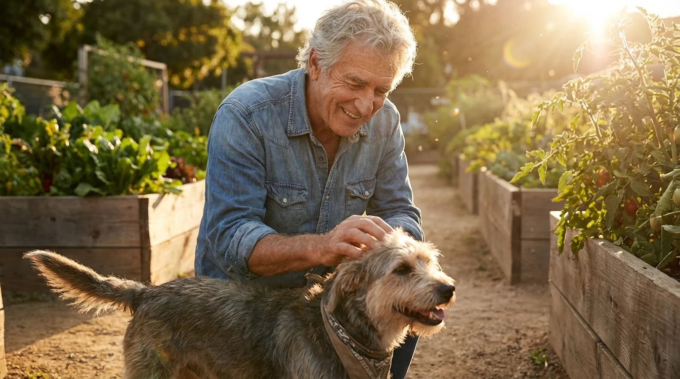 A happy older man petting a dog in a community garden at golden hour.