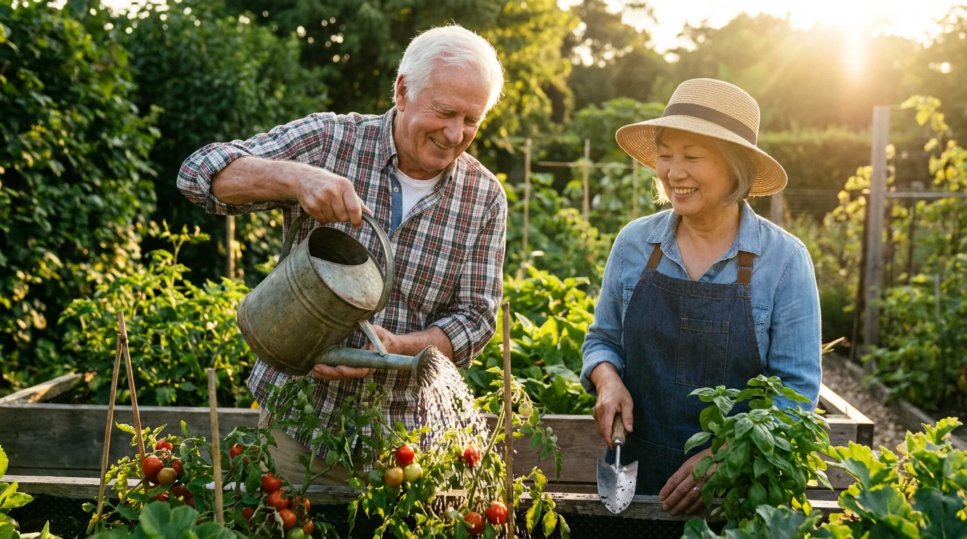 A happy senior couple enjoys gardening together in their lush backyard during golden hour.