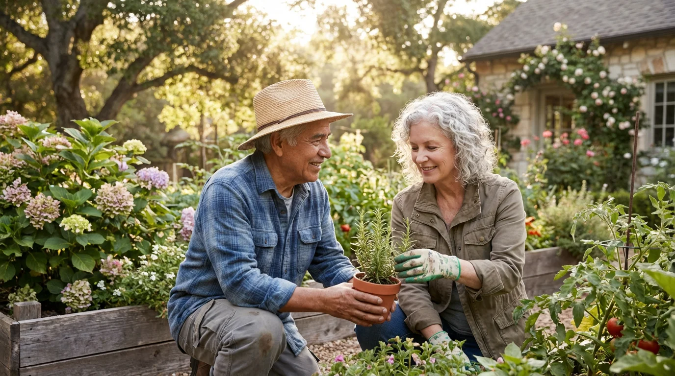 A happy senior couple gardening together in their backyard on a sunny morning.