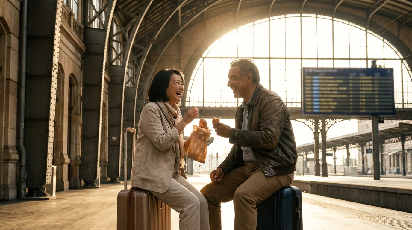 A happy senior couple laughing together on their luggage in a sunlit train station.