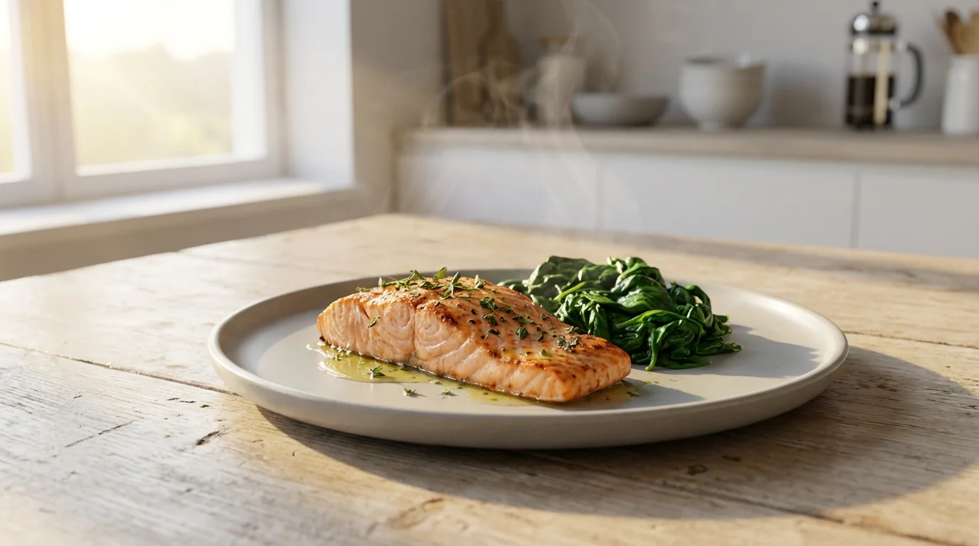 A healthy meal of a grilled salmon fillet with spinach on a ceramic plate.