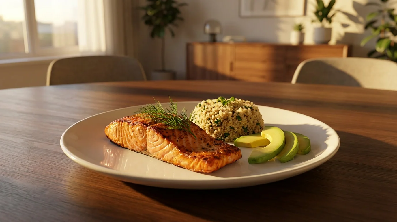 A healthy meal of grilled salmon, quinoa, and avocado on a plate.