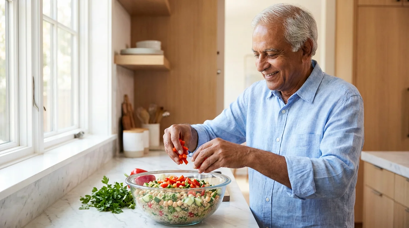 A healthy older man in a modern kitchen preparing a colorful, fresh quinoa salad.