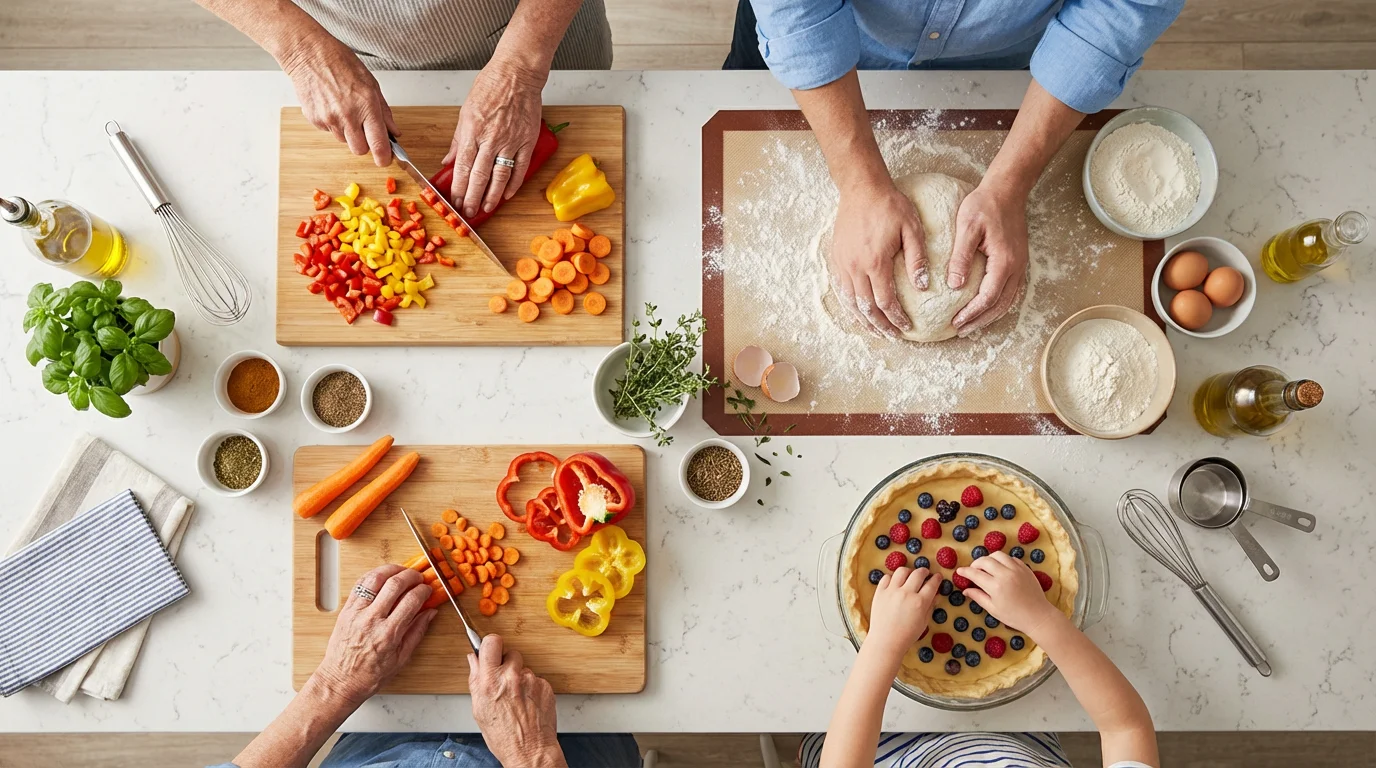 A high angle flat lay of different hands from multiple generations preparing food together.