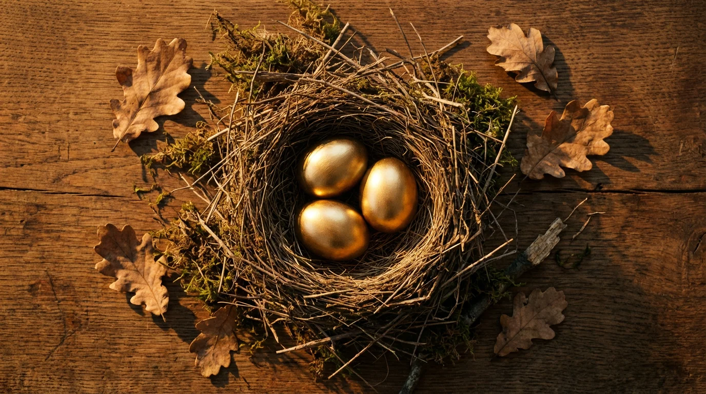 A high-angle photo of a bird's nest holding three golden eggs, symbolizing financial security.